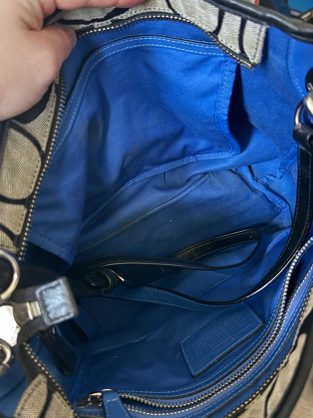 Coach Grey Monogram Shoulder Bag with Blue Stripe and Black Trim - Picture 7 of 12
